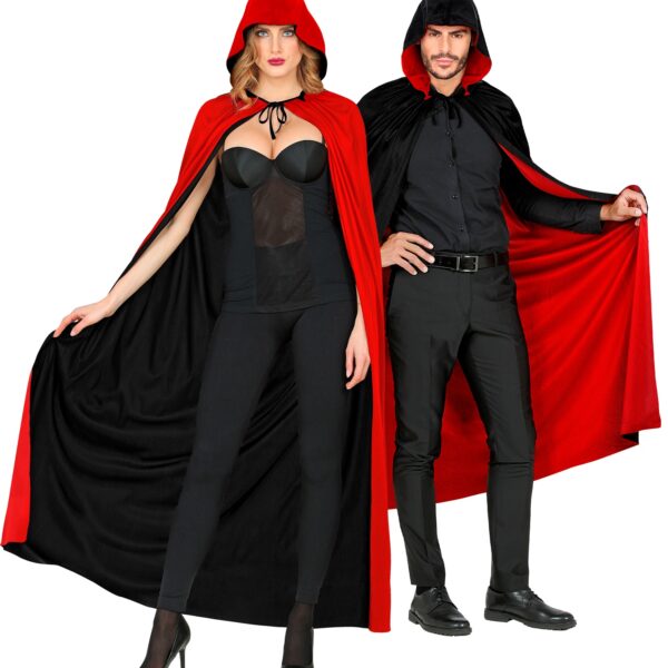 mantello reversibile nero e rosso con cappuccio