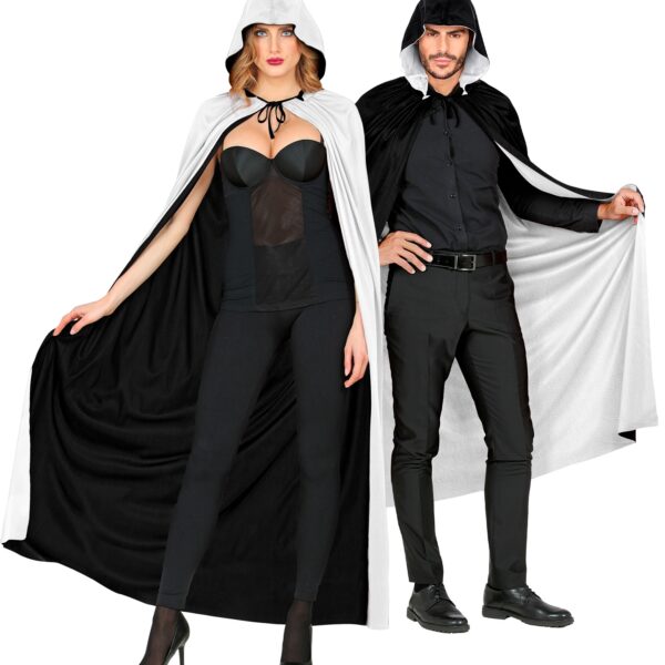 mantello reversibile nero e bianco con cappuccio