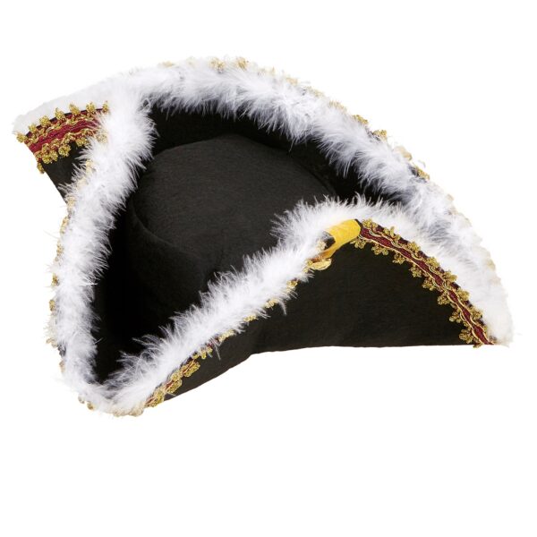 cappello tricorno nero da pirata con piumaggio bianco