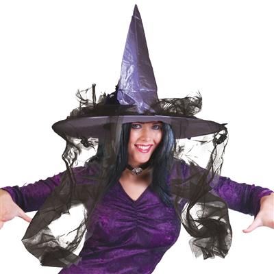 cappello viola con velo nero da strega