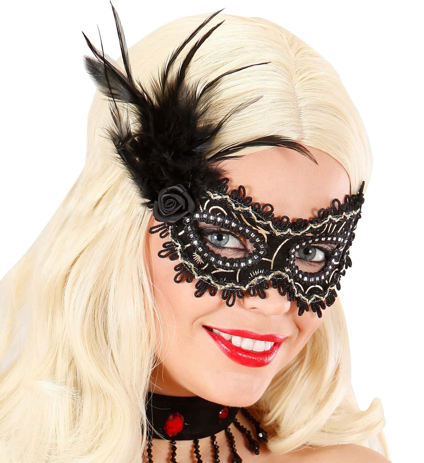 maschera nera con piume
