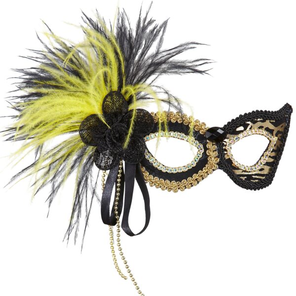 maschera domino nera con piume