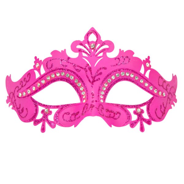 maschera veneziana rosa con glitter e strass