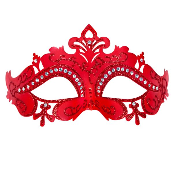 maschera veneziana rossa con glitter e strass