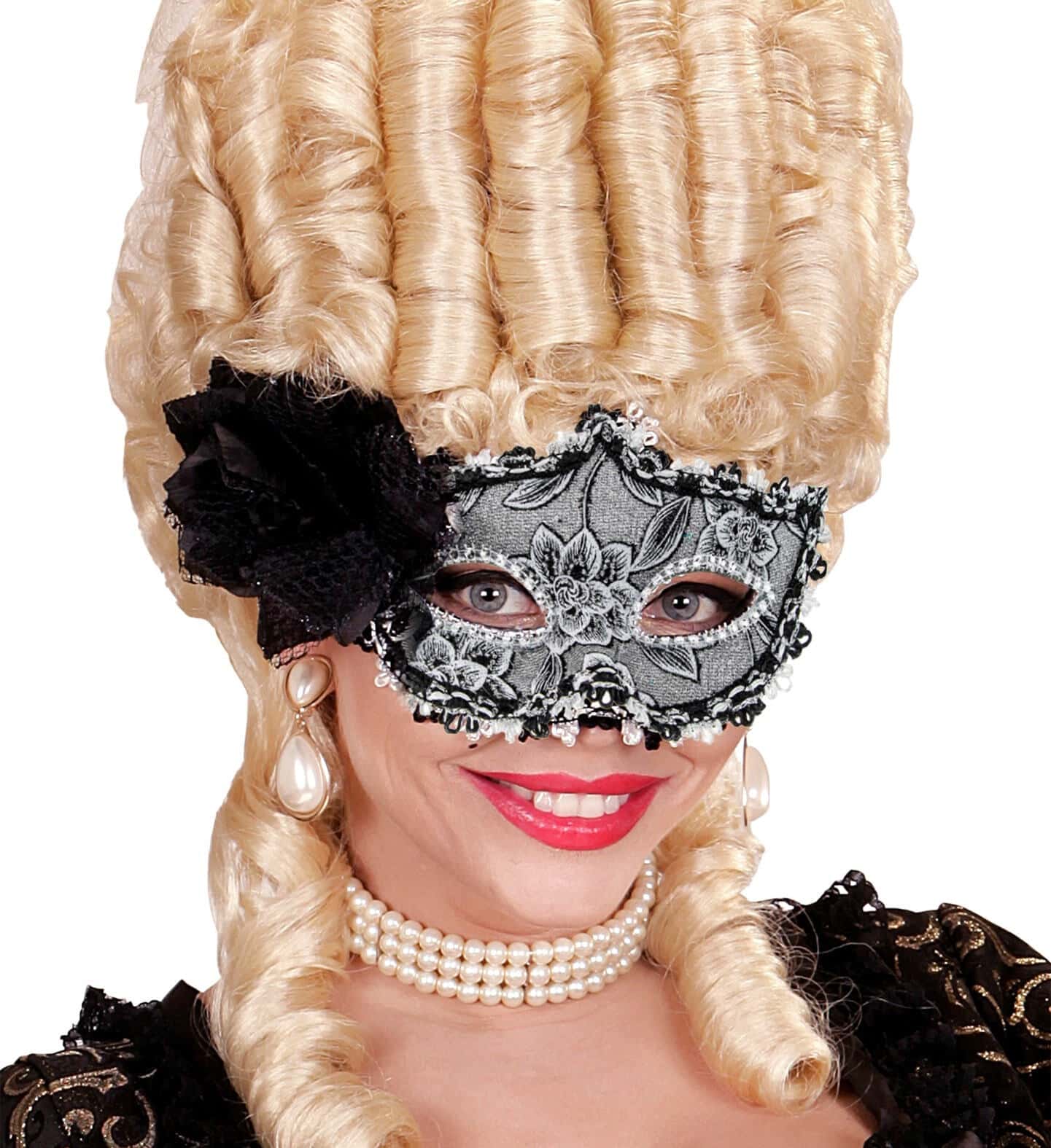maschera domini nera con fiori glitter e rosa