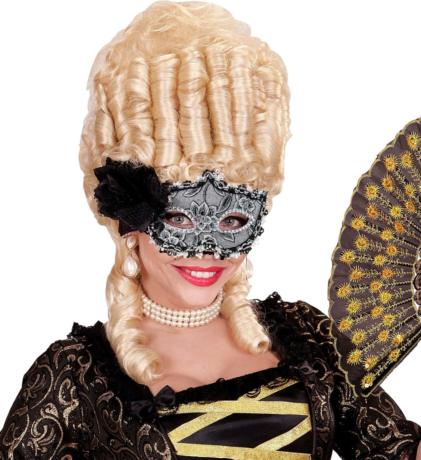 maschera domini nera con fiori glitter e rosa