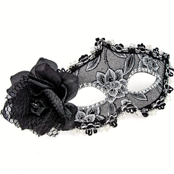 maschera domini nera con fiori glitter e rosa