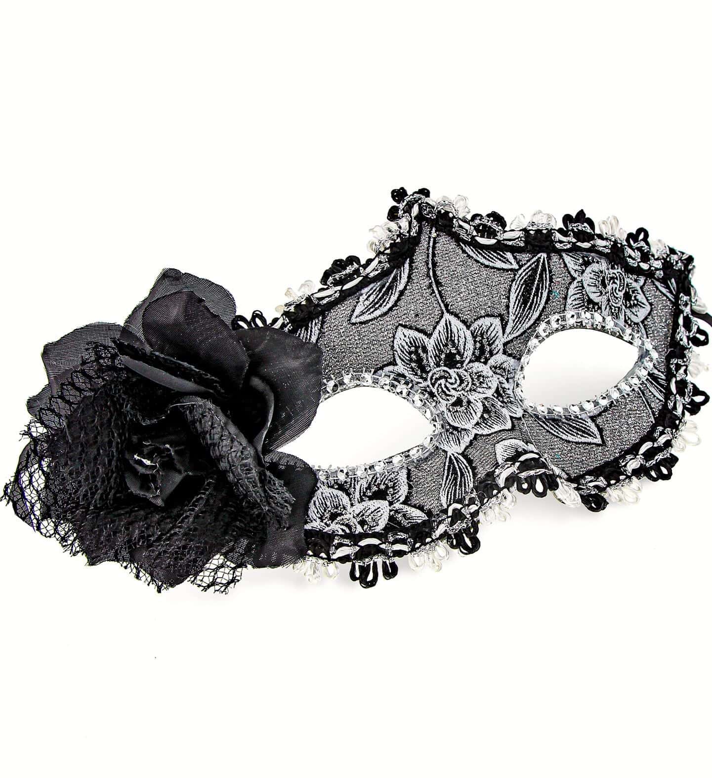maschera domini nera con fiori glitter e rosa