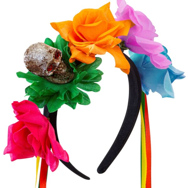 cerchietto nero con rose colorate teschio e nastri