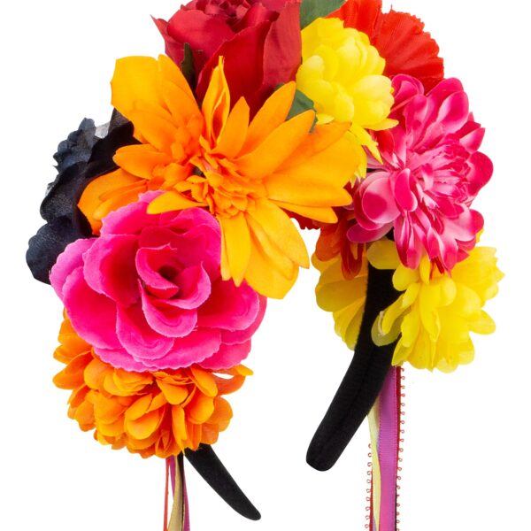 cerchietto nero con fiori e nastri multicolore