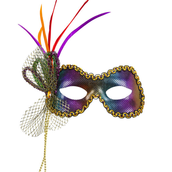 maschera fidelio arcobaleno metallizzato con gemma perline e piume