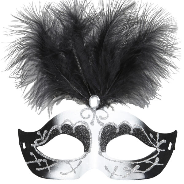 maschera veneziana nera e bianca con glitter gemma e piume