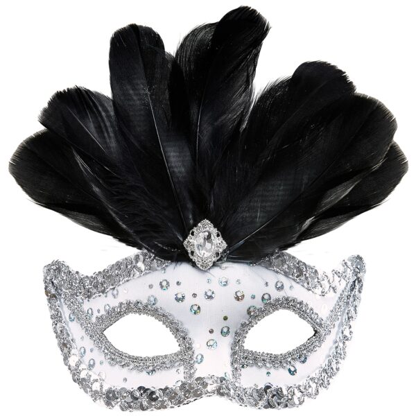maschera rialto bianca con paillettes gemma e piume