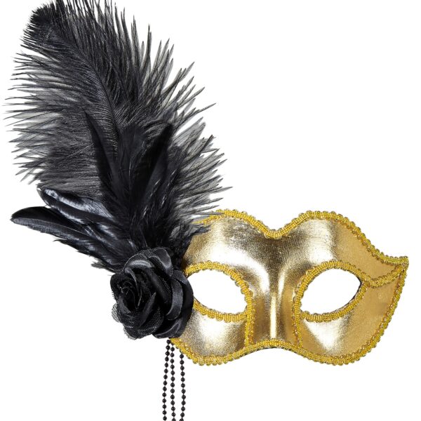 maschera veneziana oro con rosa perline e piume