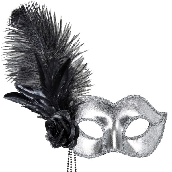 maschera veneziana argento con rosa perline e piume