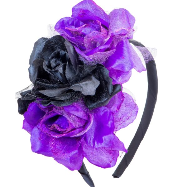 cerchietto nero con rose viola nere glitter