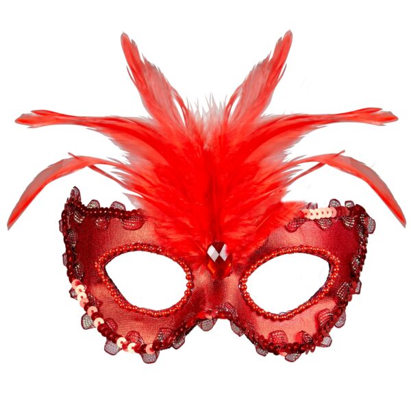 maschera baronessa rossa con paillettes gemma e piume