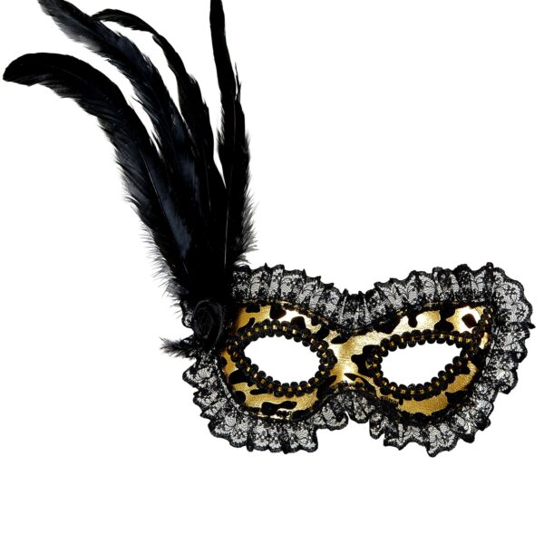 maschera domino oro con pizzo rosa e piume