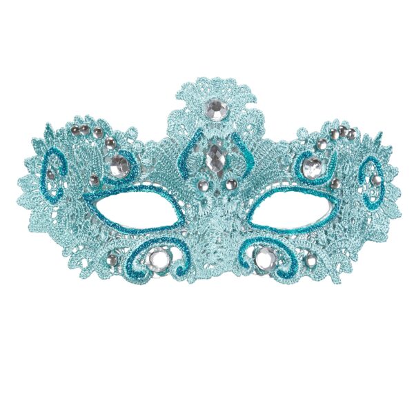 maschera azzurra in pizzo con glitter e gemme