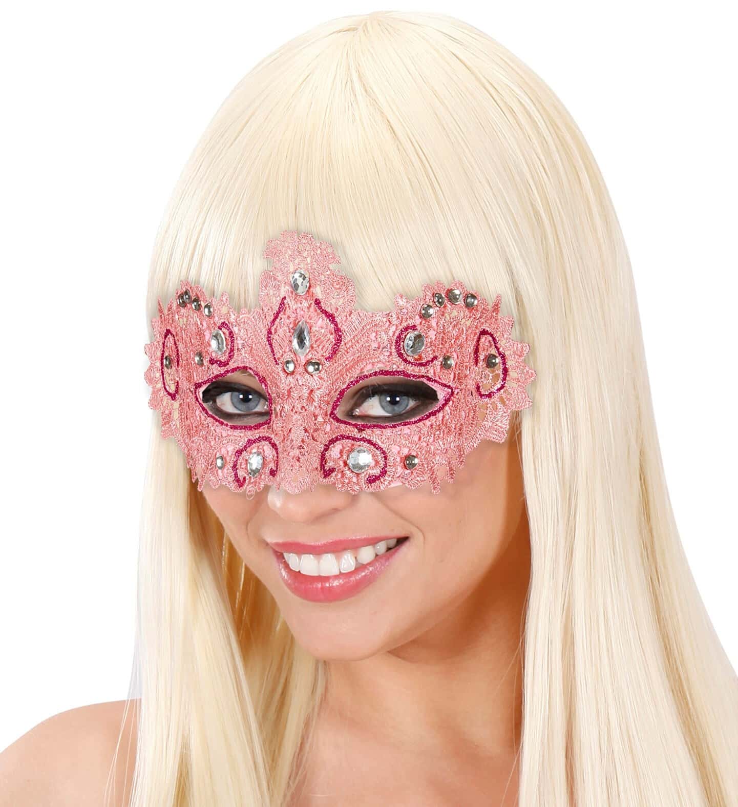 maschera rosa in pizzo con glitter e gemme