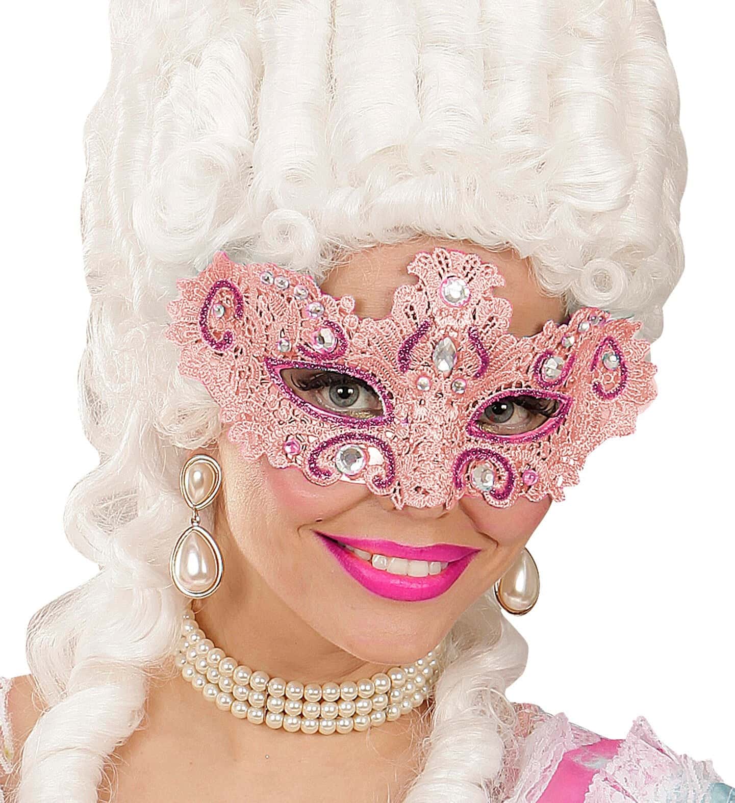 maschera rosa in pizzo con glitter e gemme