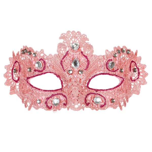 maschera rosa in pizzo con glitter e gemme