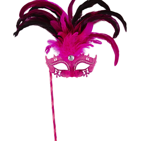 maschera rosa con bastoncino strass glitter piume