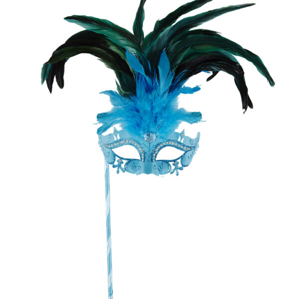 maschera azzurra con bastoncino strass glitter piume