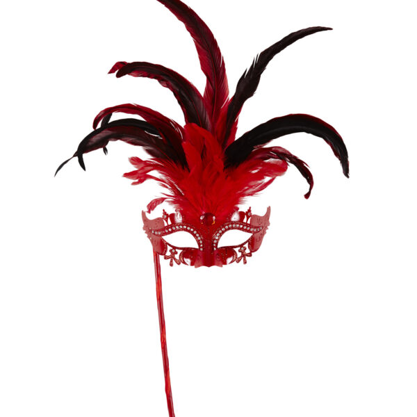 maschera rossa con bastoncino strass glitter piume