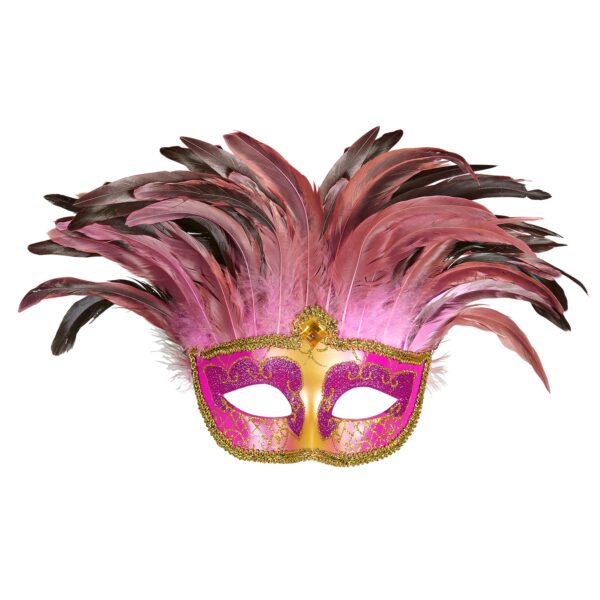 maschera contessa rosa con gemma glitter e piume