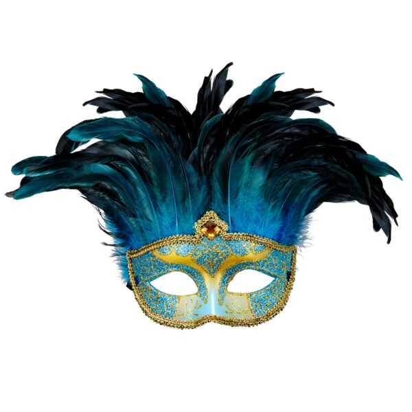 maschera contessa azzurra con gemma glitter e piume