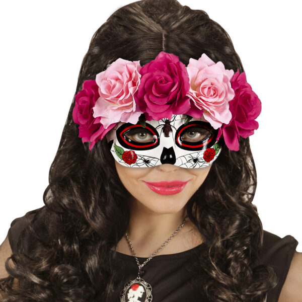 maschera domino teschio messicano con rose rosse e rosa