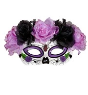 maschera domino teschio messicano con rose viola e nere glitter