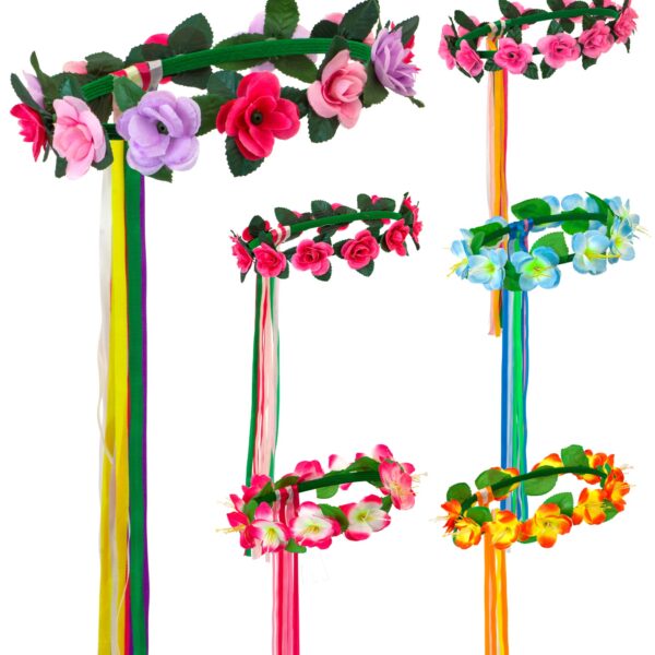corona di fiori azzurri con nastri colorati