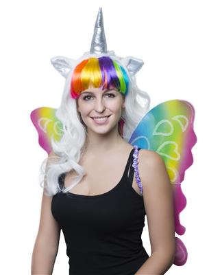 parrucca bianca con frangia arcobaleno da unicorno