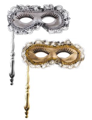 maschera domino papillon in pizzo con bastoncino colori assortiti
