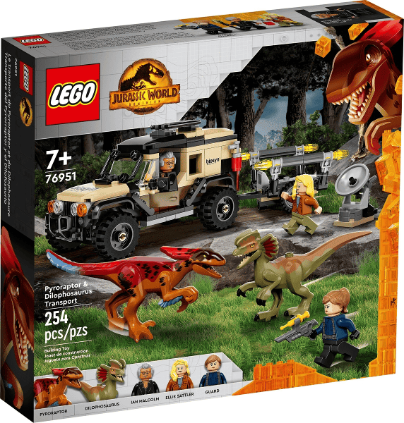 lego jurassic world trasporto del piroraptor e del dilofosauro