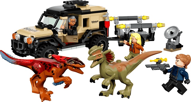lego jurassic world trasporto del piroraptor e del dilofosauro