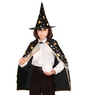 kit cappello e mantello nero stellato da mago