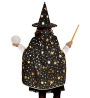 kit cappello e mantello nero stellato da mago