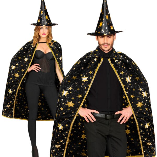 kit cappello e mantello nero stellato da mago
