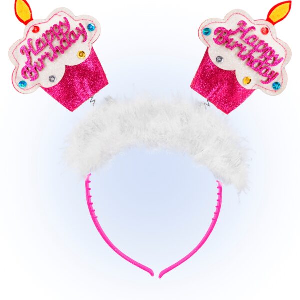 cerchietto rosa con torta happy birthday e piume