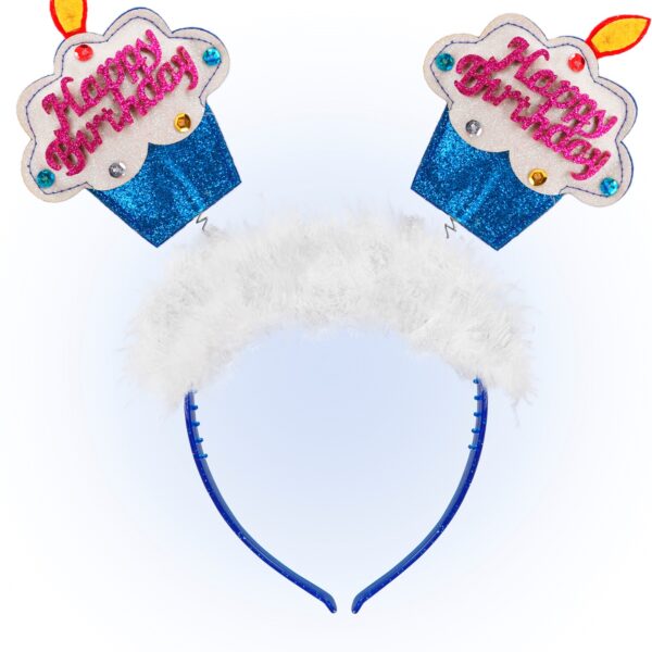 cerchietto azzurro con torta happy birthday e piume