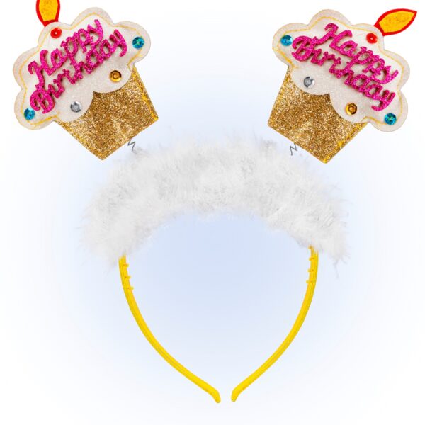 cerchietto oro con torta happy birthday e piume