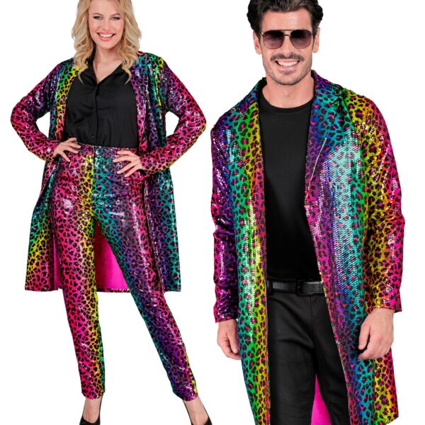 cappotto leopardato in paillettes arcobaleno