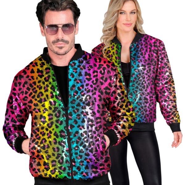bomber leopardato in paillettes arcobaleno