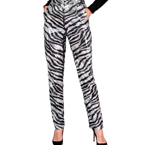 pantaloni zebrati in paillettes argento