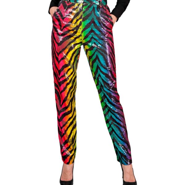 pantaloni tigrati in paillettes arcobaleno