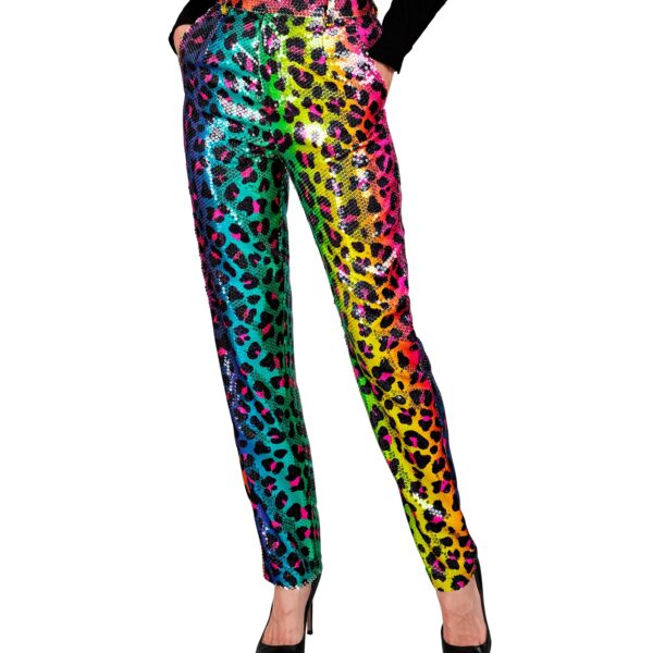 pantaloni leopardati in paillettes arcobaleno