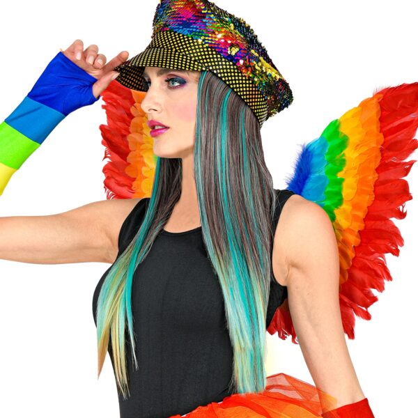 cappello con paillettes arcobaleno e parrucca